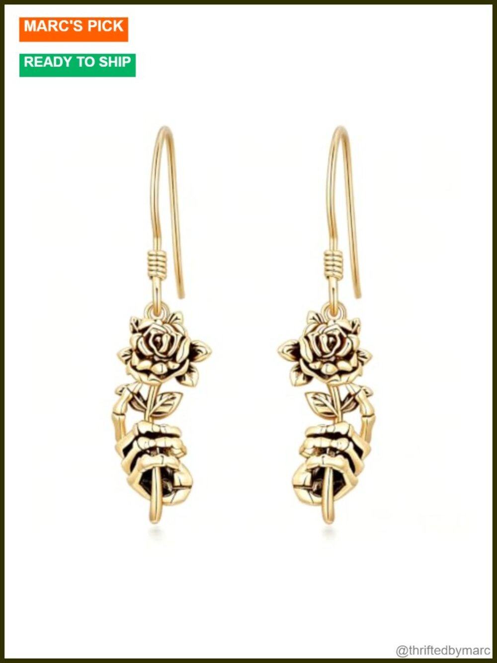 14K Gold Plated Skull Earrings Skeleton Hand Rose Dangle Goth Jewelry